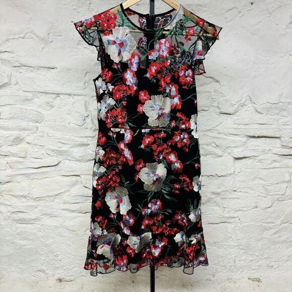 Donna Morgan Black Floral Party Dress Embroidered Sheer Ruffle Sleeve Hem y2k - Picture 1 of 7